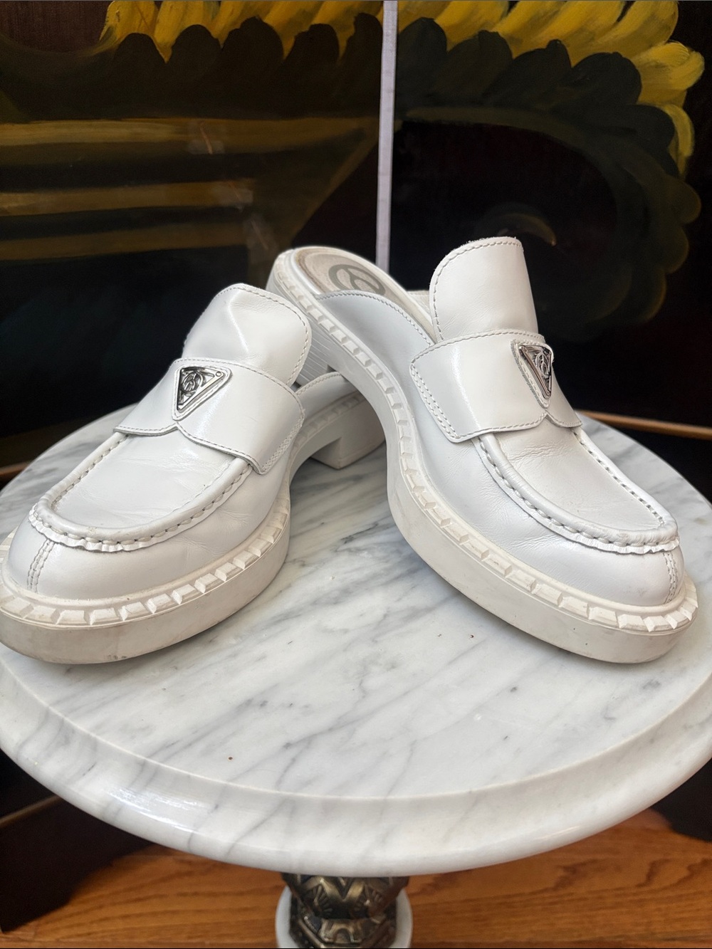 White Leather Slip-On Mule Loafers with Metal Crest Accent